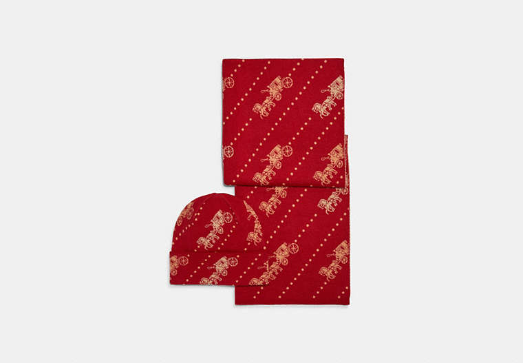 COACH®,HORSE AND CARRIAGE HAT AND SCARF SET,Red.,Front View