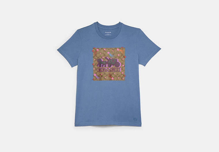 COACH®,DISCO STARS HORSE AND CARRIAGE T-SHIRT,Stone Blue,Front View