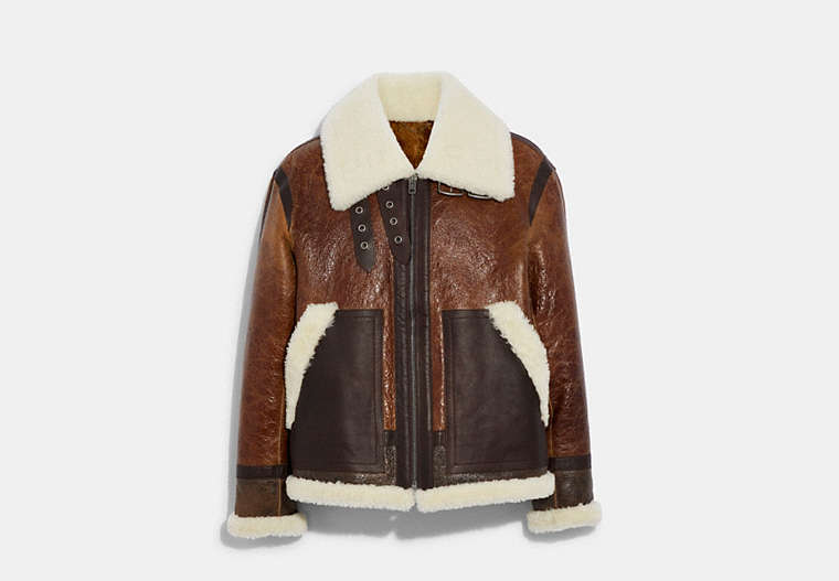 COACH®,OVERSIZED AVIATOR JACKET,Shearling,Brown,Front View