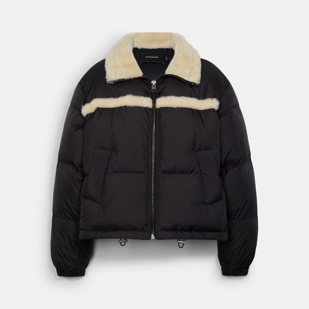 COACH®,SOLID SHORT PUFFER WITH SHEARLING,Black/Natural,Front View