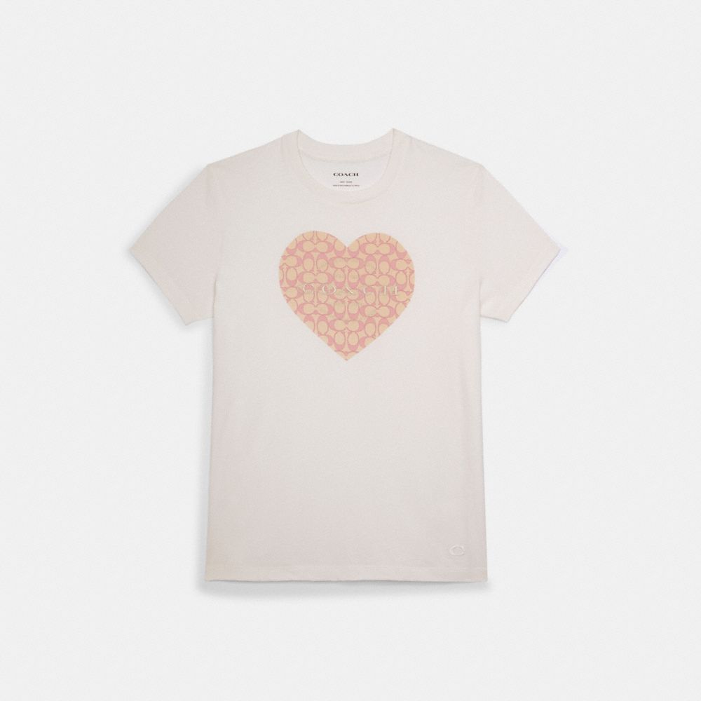 COACH®,T-SHIRT COEUR ROSE SIGNATURE,Mélange de coton,Blanc,Front View