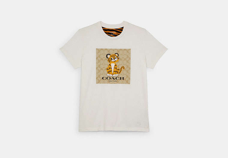 COACH®,SIGNATURE TIGER T-SHIRT,Fabric,White,Front View