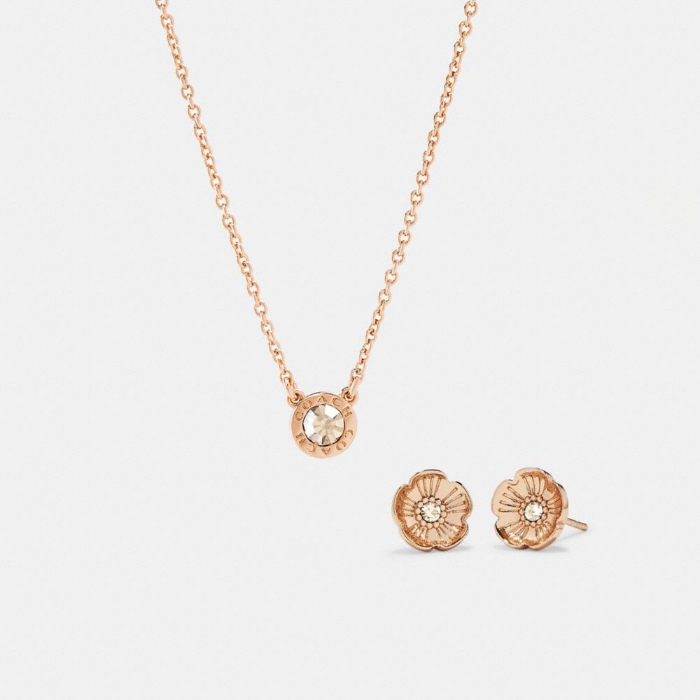 COACH®,OPEN CIRCLE NECKLACE AND TEA ROSE STUD EARRINGS SET,Metal,Rose gold,Front View