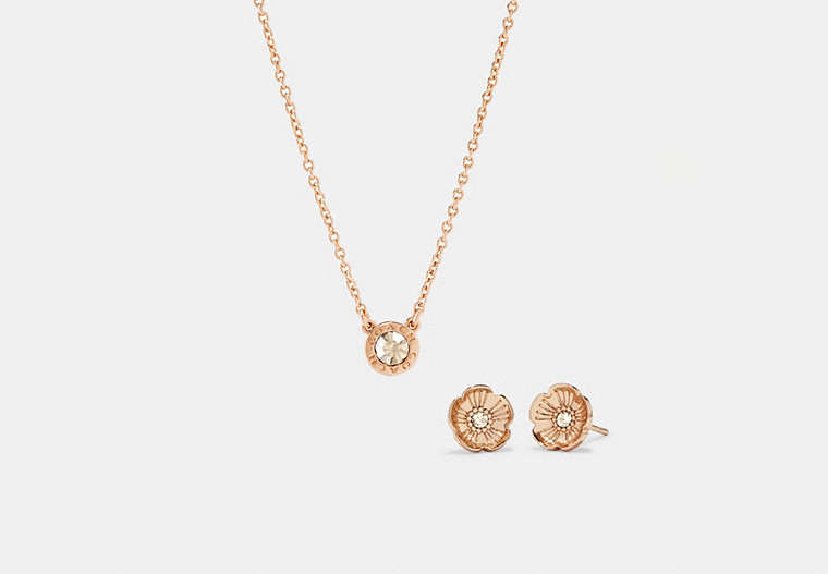 COACH®,OPEN CIRCLE NECKLACE AND TEA ROSE STUD EARRINGS SET,Metal,Rose gold,Front View
