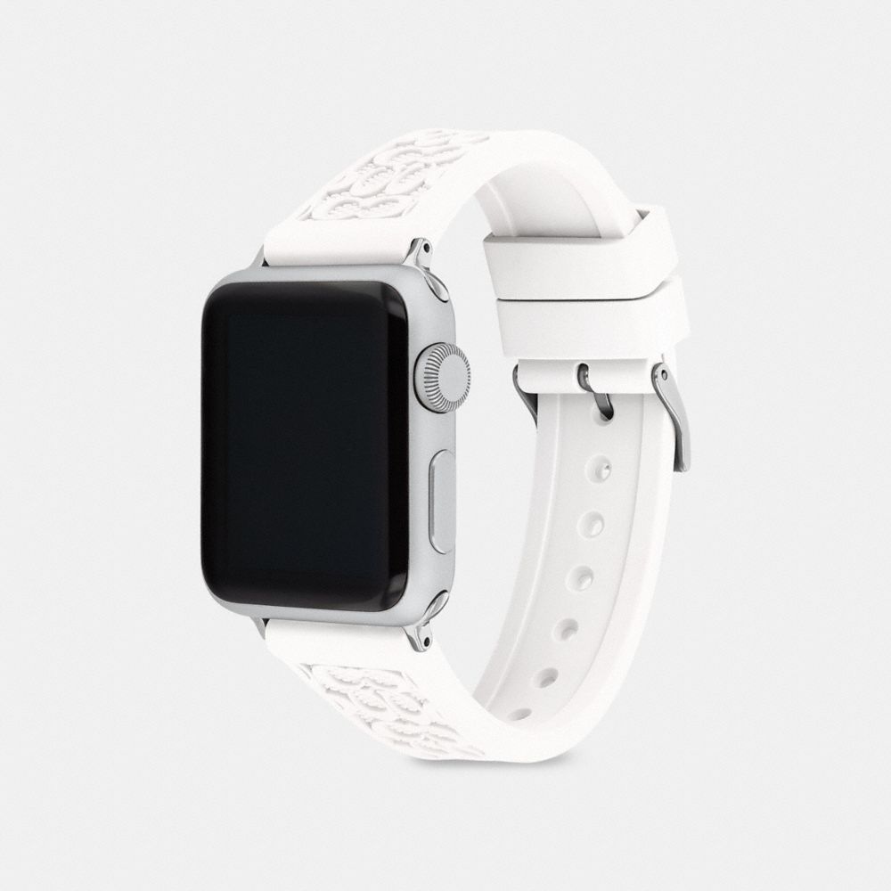 COACH®,Apple Watch® Strap, 38 Mm And 40 Mm,Watch Strap,Rubber,Logo,Silver Metal,Stainless Steel,Casual,White,Angle View