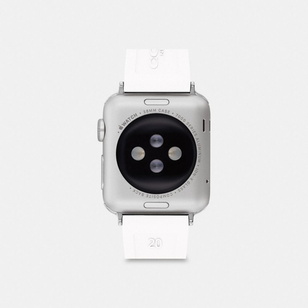 COACH®,Apple Watch® Strap, 38 Mm And 40 Mm,Watch Strap,Rubber,Logo,Silver Metal,Stainless Steel,Casual,White,Back View