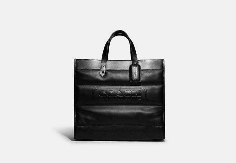 COACH®,FIELD TOTE BAG 40 WITH QUILTING,Signature Coated Canvas/Smooth Leather,X-Large,Black Copper/Black,Front View
