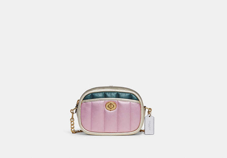 COACH®,SMALL CAMERA BAG WITH COLORBLOCK QUILTING,Smooth Leather,Small,Brass/Metallic Pink Multi,Front View