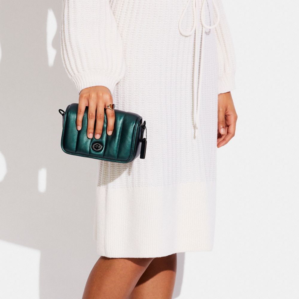COACH®,Dinky 18 With Quilting,Leather,Calfskin Leather,Crossbody,Belt,Color Metal,Cocktail,Metallic,Teal,Detail View