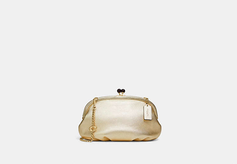COACH®,SOFT KISSLOCK CLUTCH,Smooth Leather,Small,Brass/Metallic Soft Gold,Front View