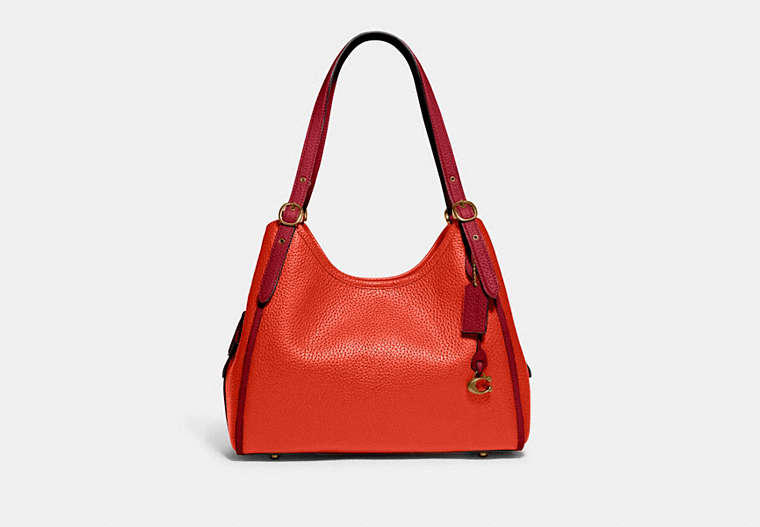 COACH®,LORI SHOULDER BAG IN COLORBLOCK,Pebble Leather,Large,Brass/Red Orange Multi,Front View