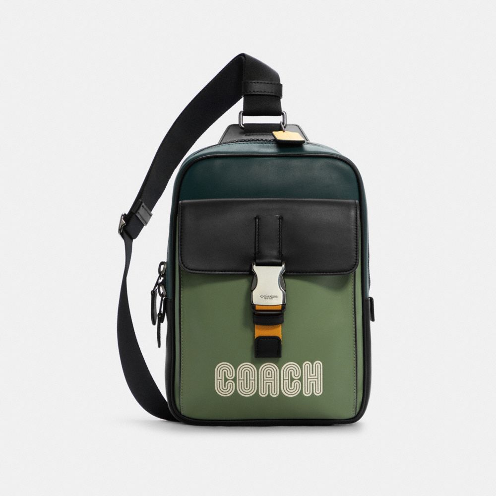 COACH®,TRACK PACK IN COLORBLOCK WITH COACH PATCH,pvc,Medium,Gunmetal/Forest Agate Multi,Front View image number 0