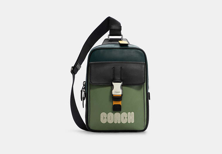 COACH®,TRACK PACK IN COLORBLOCK WITH COACH PATCH,pvc,Medium,Gunmetal/Forest Agate Multi,Front View