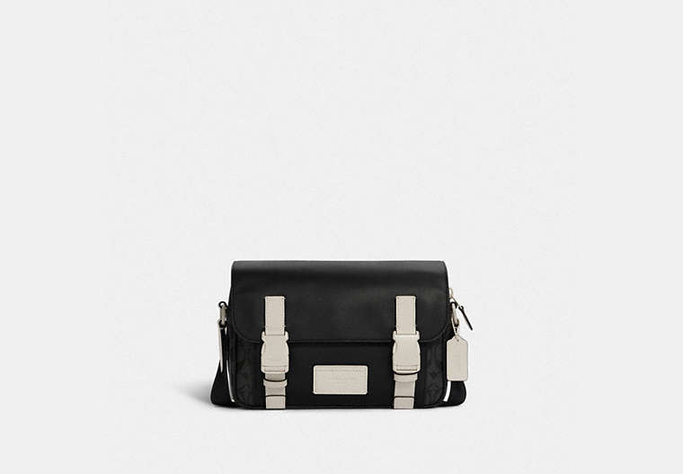 COACH®,TRACK CROSSBODY BAG IN SIGNATURE CANVAS,Leather,Medium,Gunmetal/Charcoal Chalk,Front View