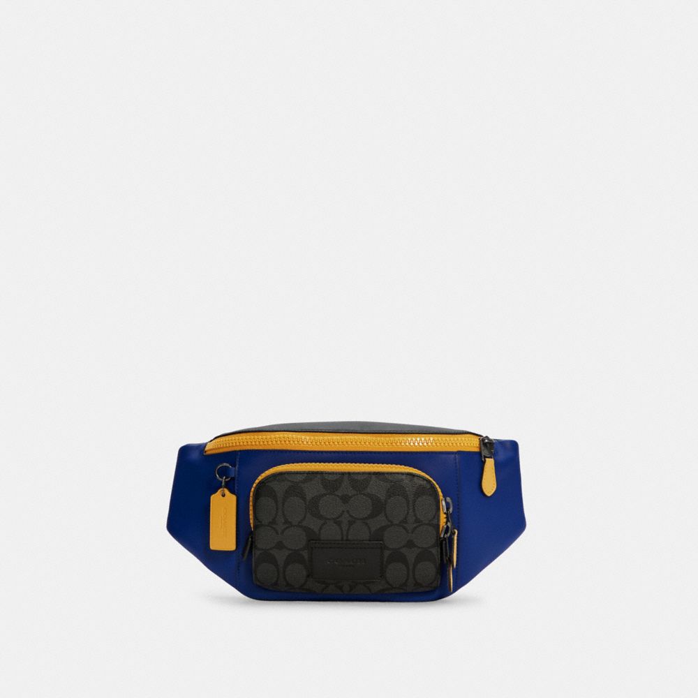 COACH®,TRACK BELT BAG IN COLORBLOCK SIGNATURE CANVAS,Medium,Gunmetal/Charcoal Sport Blue Multi,Front View