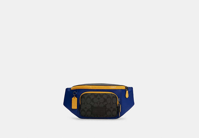 COACH®,TRACK BELT BAG IN COLORBLOCK SIGNATURE CANVAS,Medium,Gunmetal/Charcoal Sport Blue Multi,Front View