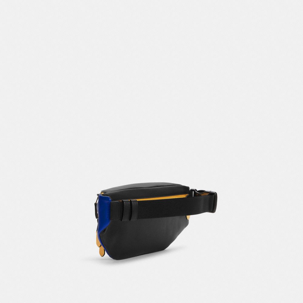 COACH®,TRACK BELT BAG IN COLORBLOCK SIGNATURE CANVAS,Medium,Gunmetal/Charcoal Sport Blue Multi,Angle View