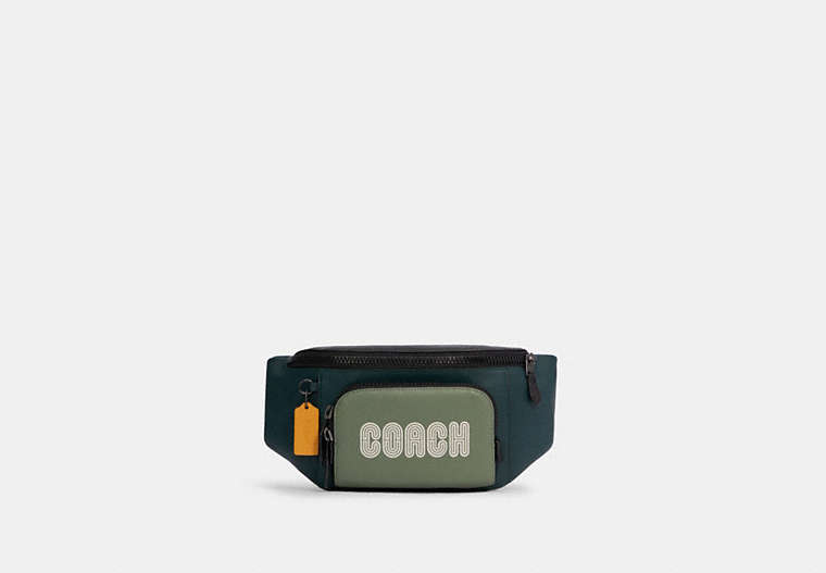 COACH®,TRACK BELT BAG IN COLORBLOCK WITH COACH PATCH,Leather,Medium,Gunmetal/Forest Agate Multi,Front View image number 0