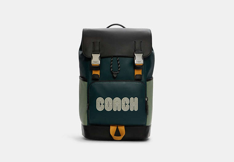 COACH®,TRACK BACKPACK IN COLORBLOCK WITH COACH PATCH,pvc,X-Large,Gunmetal/Forest Agate Multi,Front View