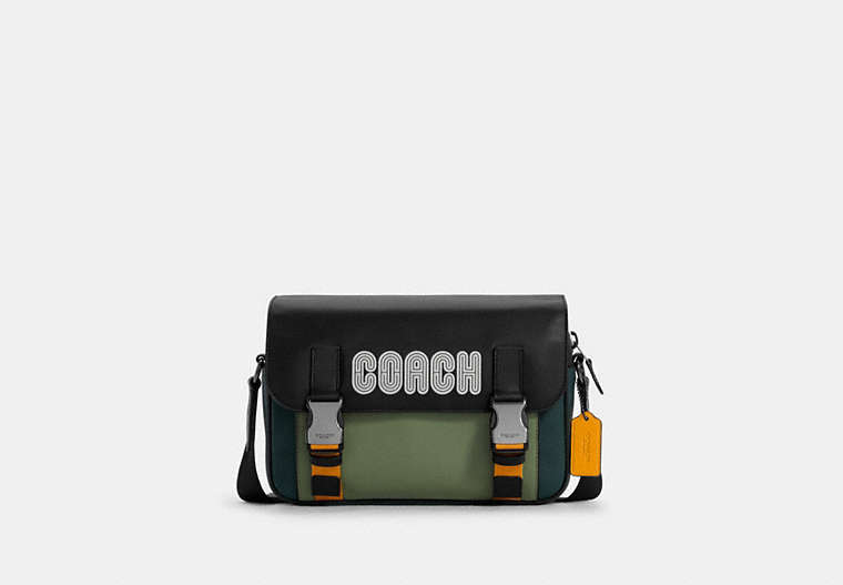 COACH®,TRACK CROSSBODY IN COLORBLOCK WITH COACH PATCH,Leather,Medium,Gunmetal/Forest Agate Multi,Front View