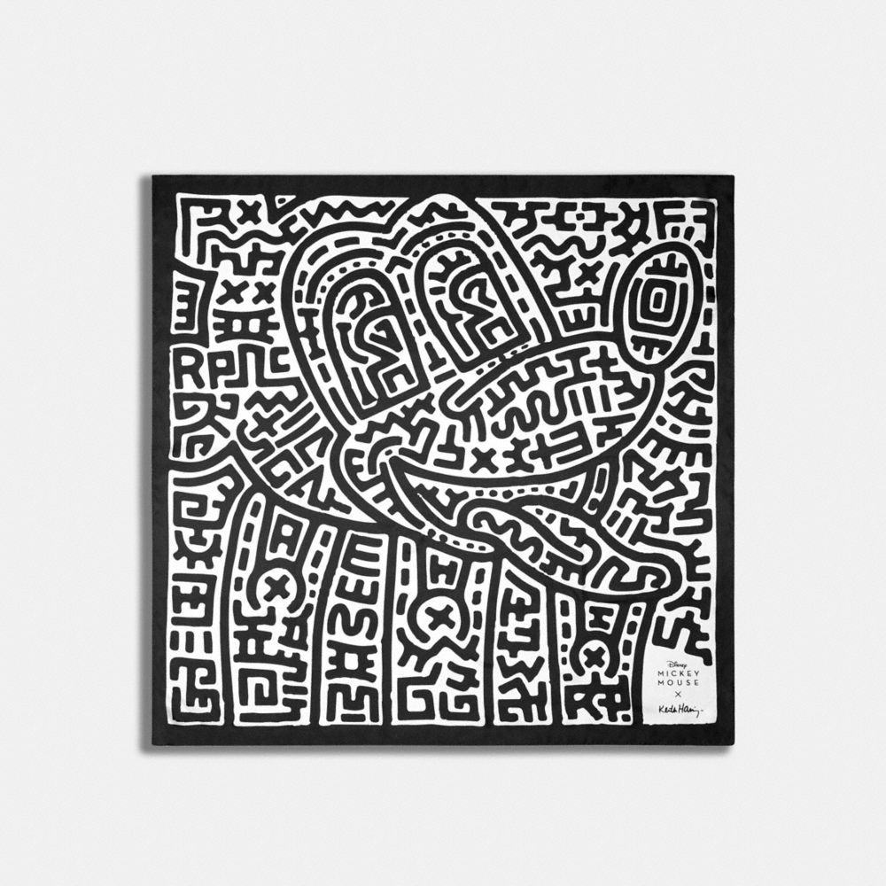 COACH®,DISNEY MICKEY MOUSE X KEITH HARING SILK SQUARE SCARF,Black/White,Front View