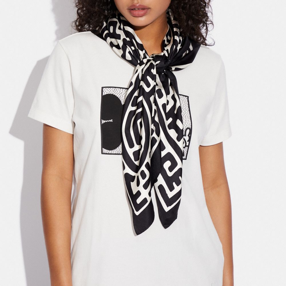 COACH®,DISNEY MICKEY MOUSE X KEITH HARING SILK SQUARE SCARF,Black/White,Detail View
