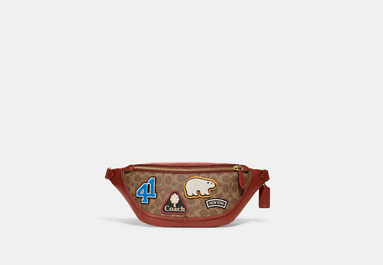 COACH®,LEAGUE BELT BAG IN SIGNATURE CANVAS WITH PATCHES,Signature Coated Canvas/Smooth Leather,Medium,OL/Tan,Front View
