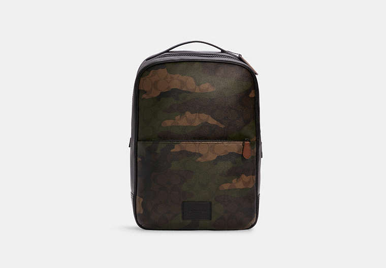 COACH®,WESTWAY BACKPACK IN SIGNATURE CANVAS WITH CAMO PRINT,Large,Gunmetal/Dark Green Multi,Front View