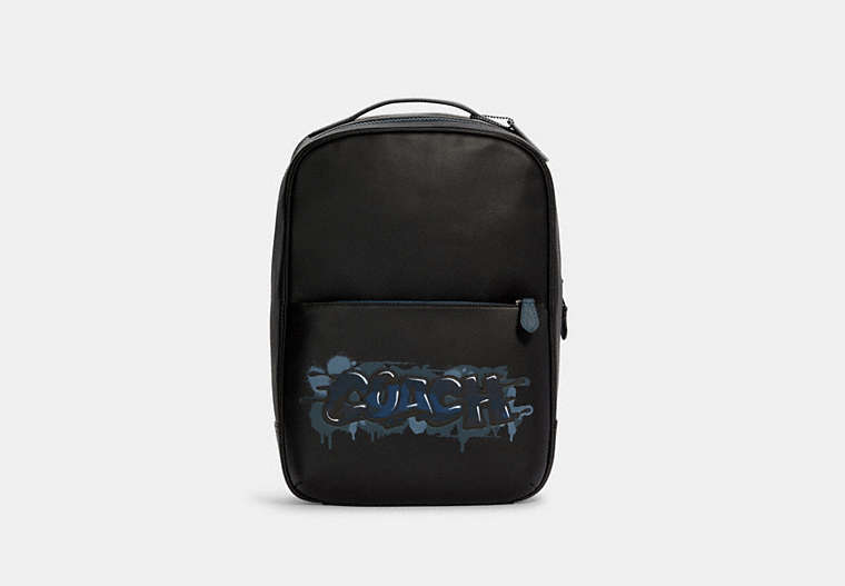 COACH®,WESTWAY BACKPACK WITH GRAFFITI COACH,n/a,Large,Gunmetal/Black/Blue,Front View