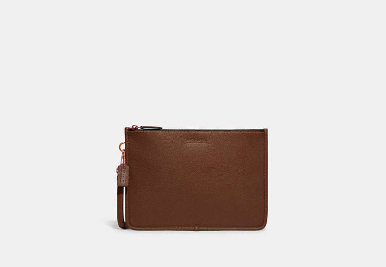 COACH®,CHARTER POUCH,Pebble Leather,Dark Saddle,Front View