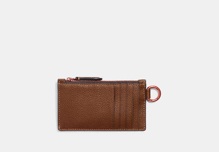 COACH®,ZIP CARD CASE,Pebble Leather,Dark Saddle,Front View
