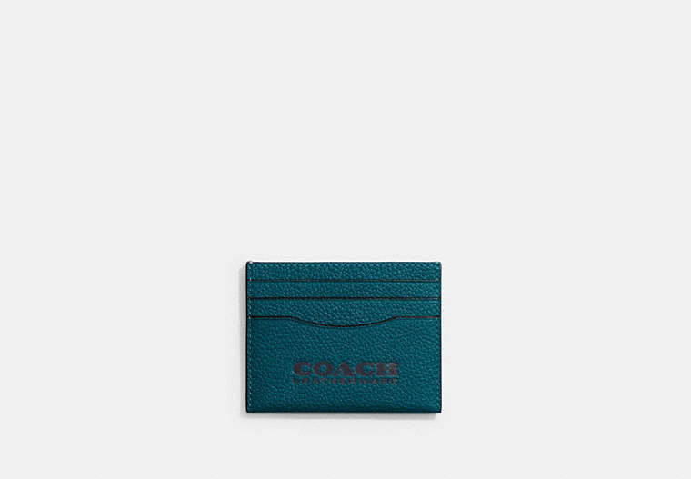 COACH®,CARD CASE,Pebbled Leather,Mini,Deep Turquoise/Midnight Navy,Front View