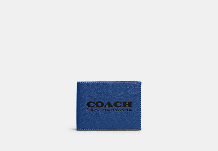 COACH®,SLIM BILLFOLD WALLET,Pebbled Leather,Mini,Blue Fin/Black,Front View