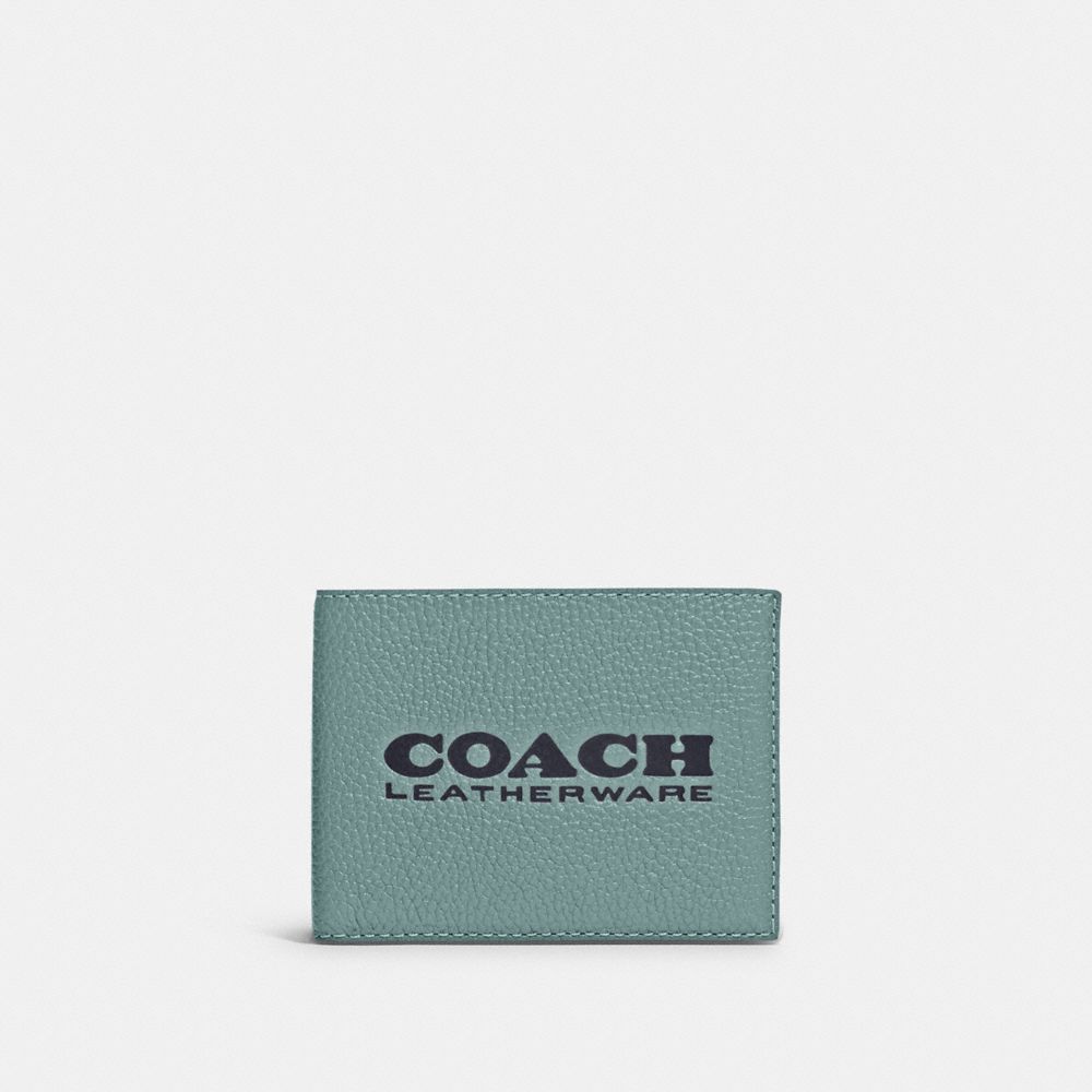 COACH®,SLIM BILLFOLD WALLET,Pebbled Leather,Mini,Aqua/Midnight Navy,Front View