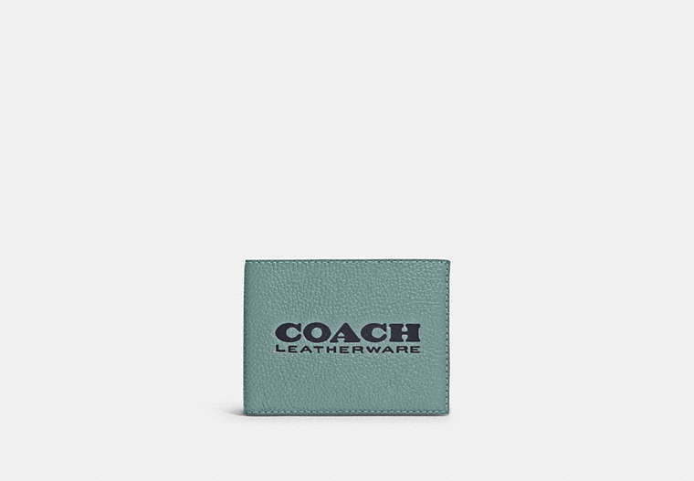 COACH®,SLIM BILLFOLD WALLET,Pebbled Leather,Mini,Aqua/Midnight Navy,Front View
