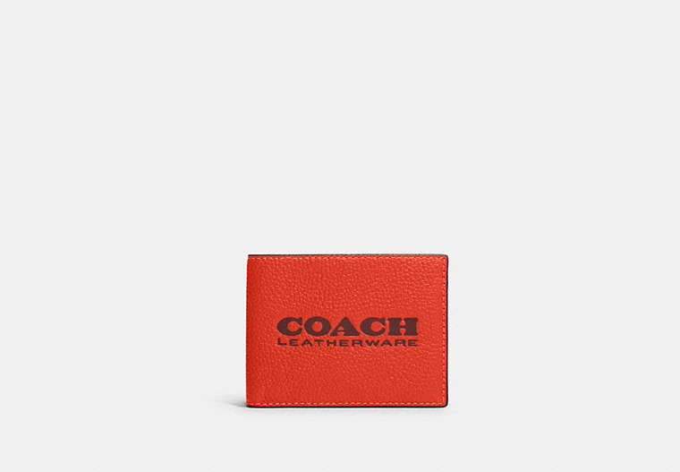 COACH®,SLIM BILLFOLD WALLET,Pebbled Leather,Mini,Red Orange/Wine,Front View