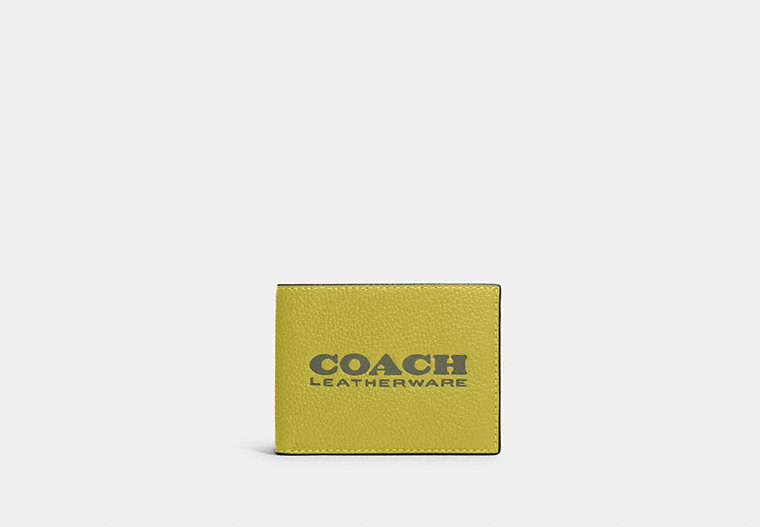 COACH®,SLIM BILLFOLD WALLET,Pebbled Leather,Mini,Key Lime/Army Green,Front View