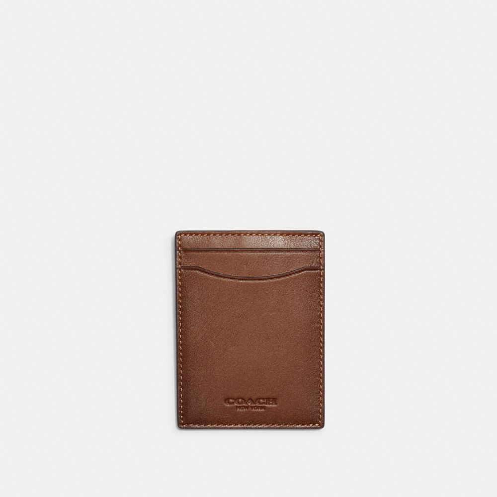 COACH®,Money Clip Card Case,Calfskin Leather,Card Case,Logo,Embossed,Money Clip,Casual,Brown,Front View