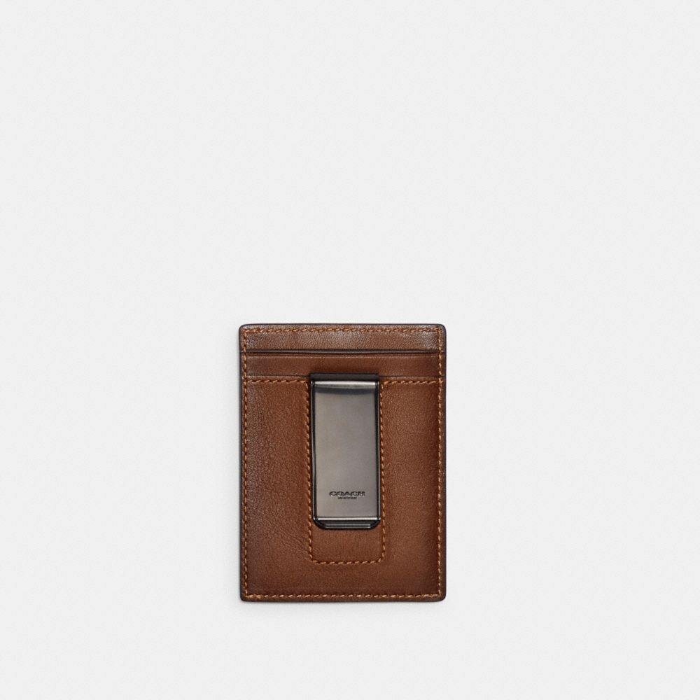 COACH®,Money Clip Card Case,Calfskin Leather,Card Case,Logo,Embossed,Money Clip,Casual,Brown,Back View