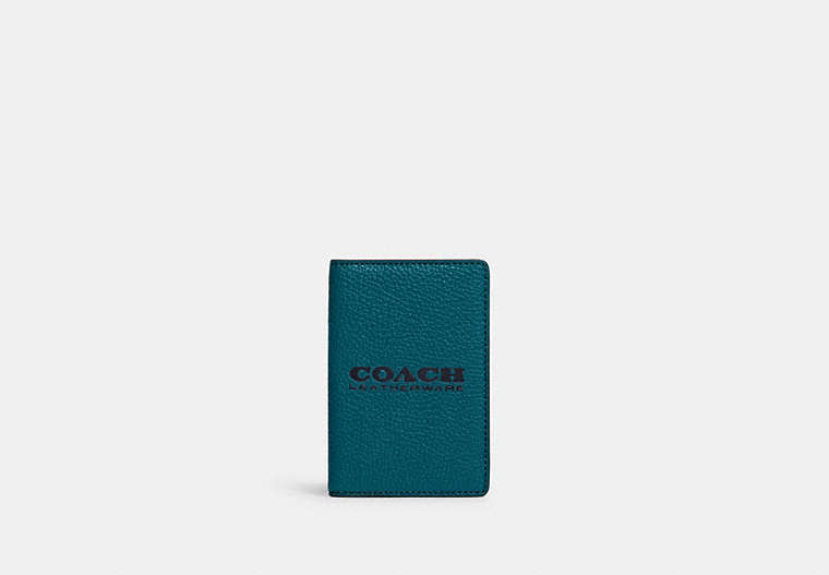 COACH®,CARD WALLET,Pebbled Leather,Mini,Deep Turquoise/Midnight Navy,Front View