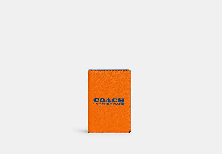 COACH®,CARD WALLET,Pebbled Leather,Mini,Bright Mandarin/True Blue,Front View