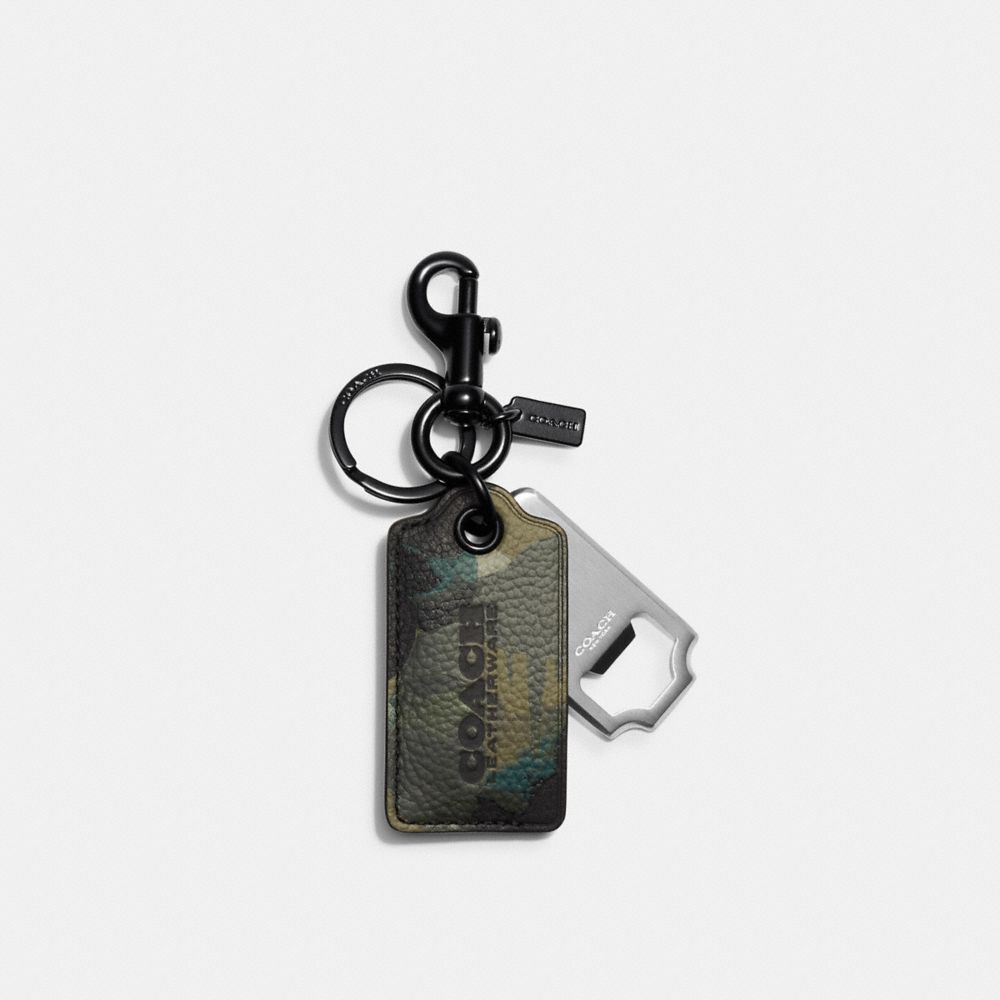 COACH®,BOTTLE OPENER KEY FOB WITH CAMO PRINT,Pebble Leather,GREEN/BLUE,Front View