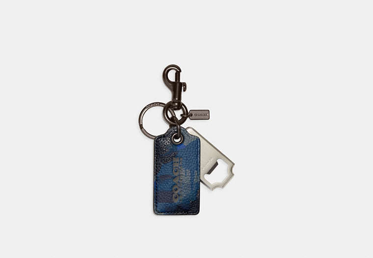 COACH®,BOTTLE OPENER KEY FOB WITH CAMO PRINT,Pebble Leather,Blue/Midnight Navy,Front View