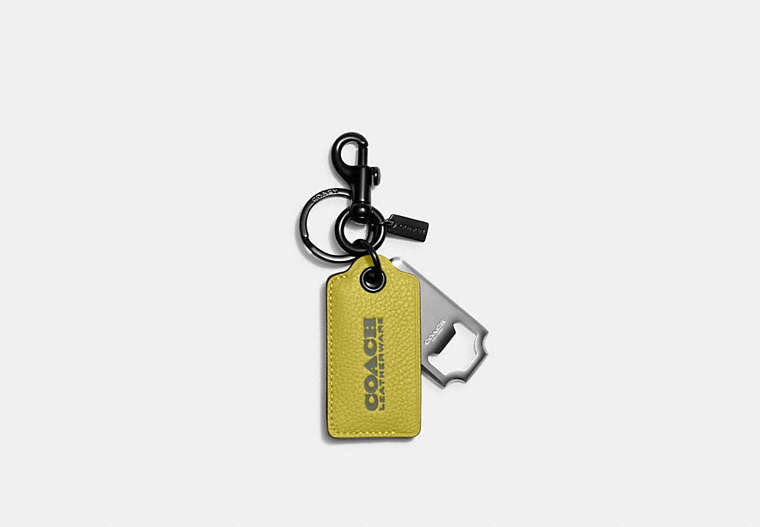COACH®,BOTTLE OPENER KEY FOB,Polished Pebble Leather,Mini,Key Lime/Army Green,Front View