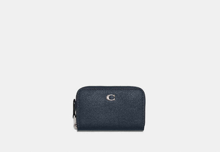 COACH®,SMALL ZIP AROUND CARD CASE,Pebble Leather,Mini,Silver/Denim,Front View