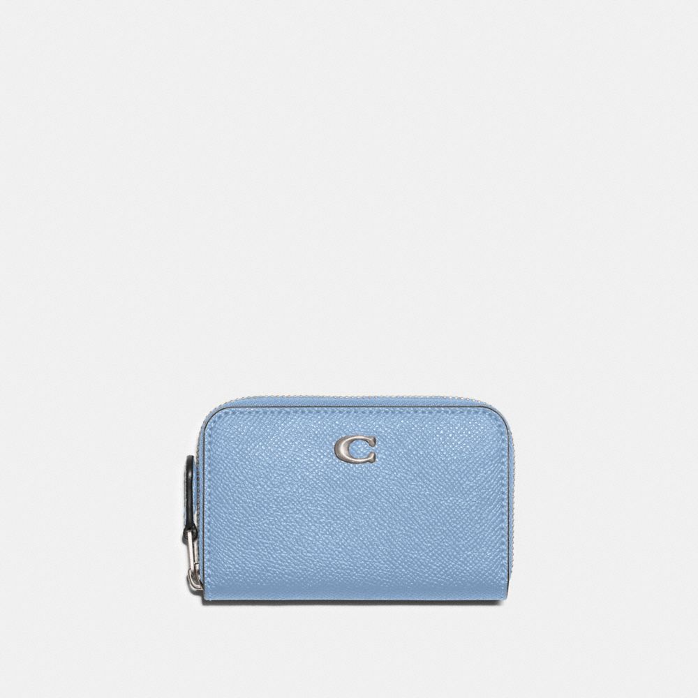 COACH®,SMALL ZIP AROUND CARD CASE,Crossgrain Leather,Mini,Silver/Pool,Front View image number 0