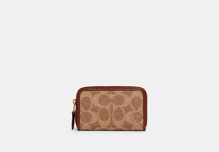 COACH®,SMALL ZIP AROUND CARD CASE IN SIGNATURE CANVAS,Signature Coated Canvas/Smooth Leather,Mini,Brass/Tan/Rust,Front View