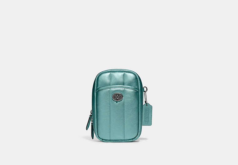 COACH®,TALL CAMERA BAG WITH QUILTING,Smooth Leather,Mini,Pewter/Metallic Dark Green,Front View