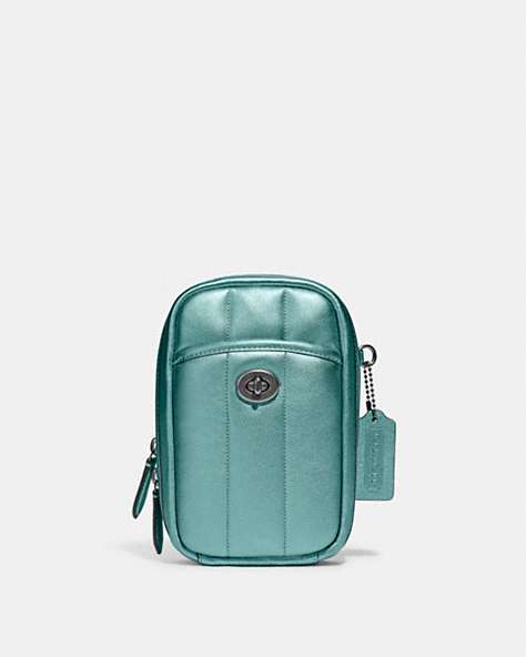 COACH®,TALL CAMERA BAG WITH QUILTING,Smooth Leather,Mini,Pewter/Metallic Dark Green,Front View