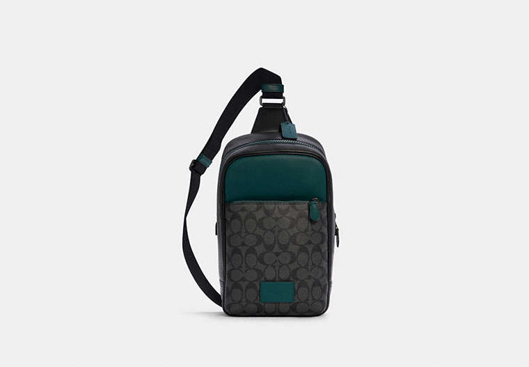 COACH®,WESTWAY PACK IN COLORBLOCK SIGNATURE CANVAS,pvc,Medium,Gunmetal/Charcoal Forest,Front View image number 0